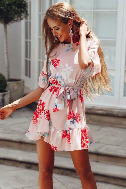 Print Ruffle Hem Mini Dress - 3 Colors Pink