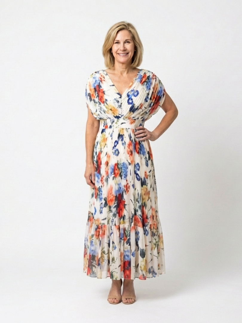 Watercolor Floral V-Neck Pleated Maxi Dress