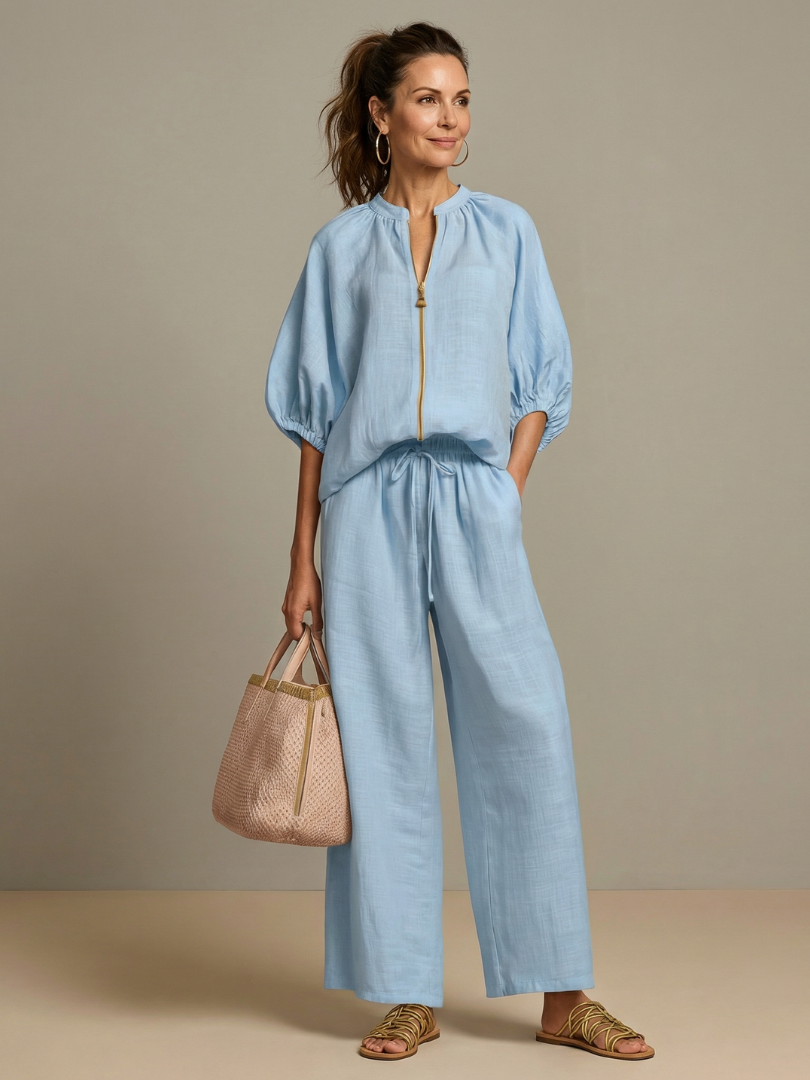 Puff Sleeve Zip Front Top and Wide Leg Pants Two Piece Set