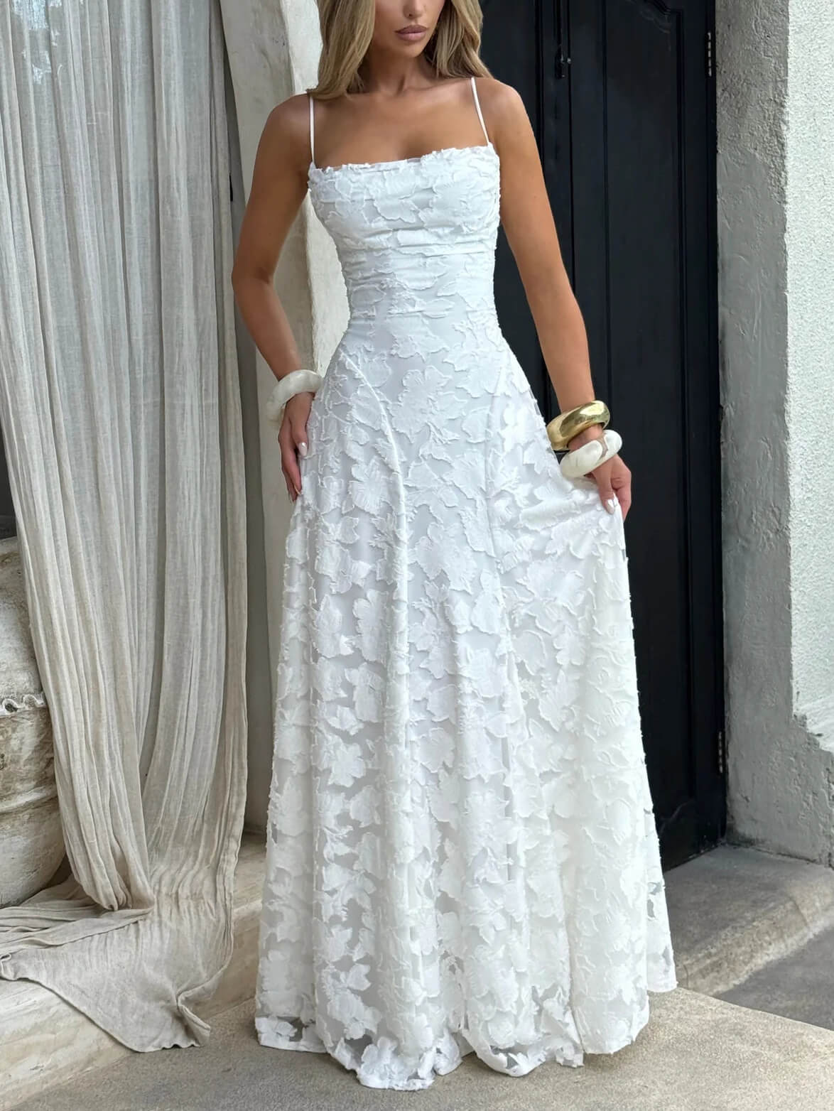 Floral Applique Spaghetti Strap Sleeveless A-Line Maxi Dress
