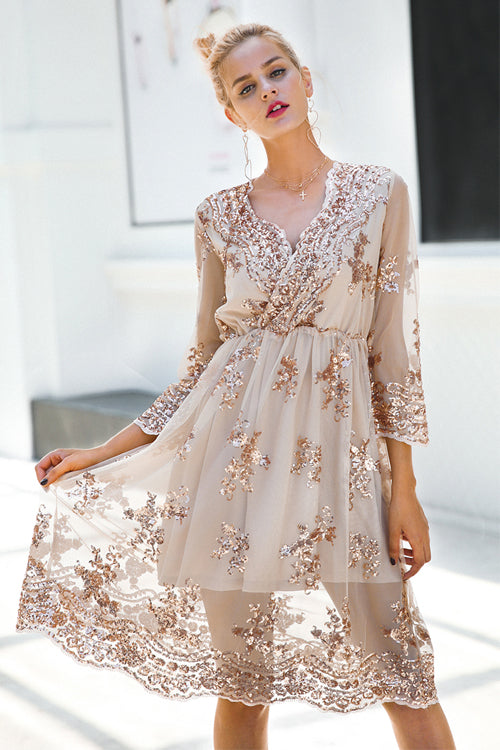 Sequin Floral Deep V-Neck Long Sleeve Wrap Mini Dress