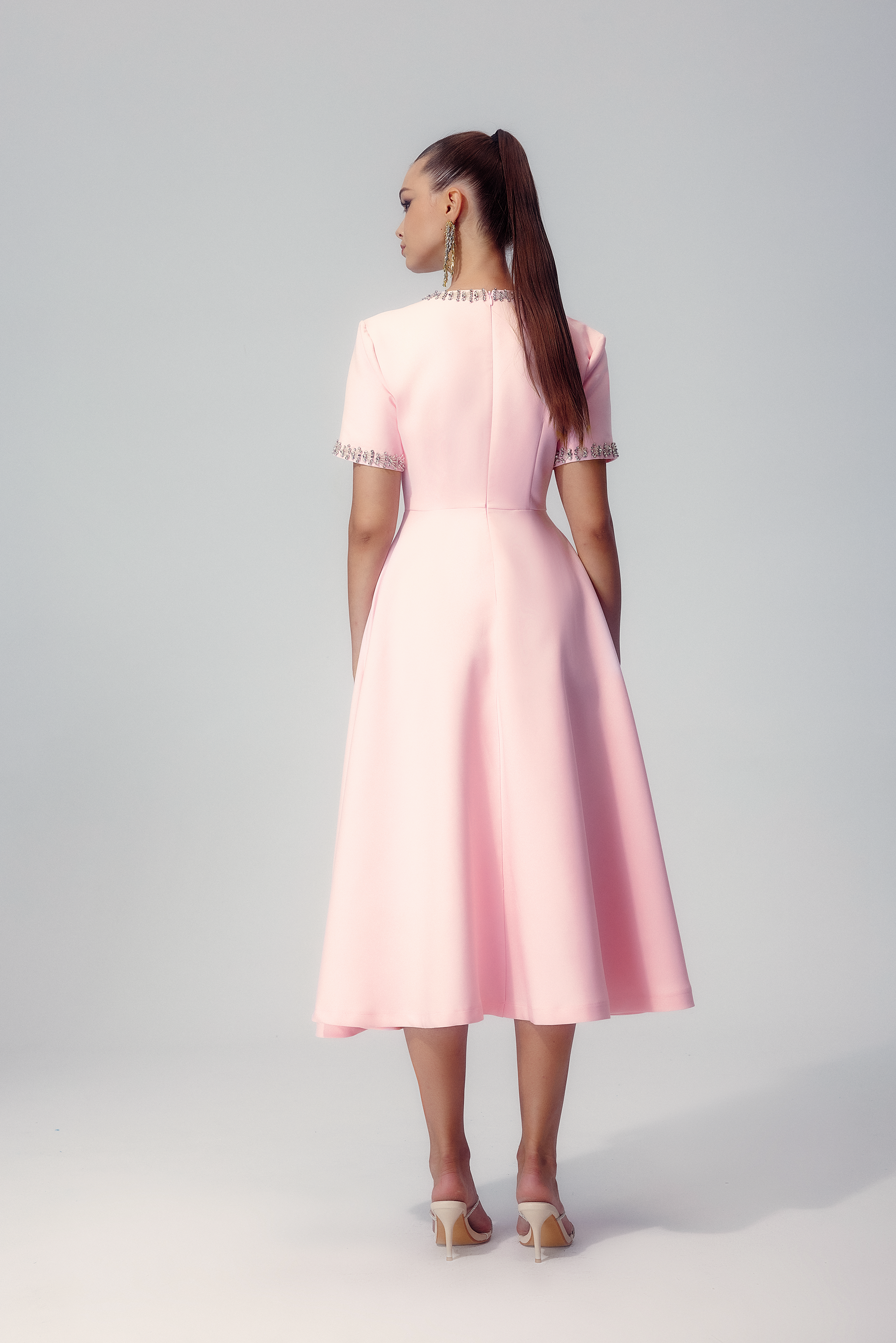 Rhinestone Trim Triple Bow Short Sleeve Round Neck A-Line Midi Dress