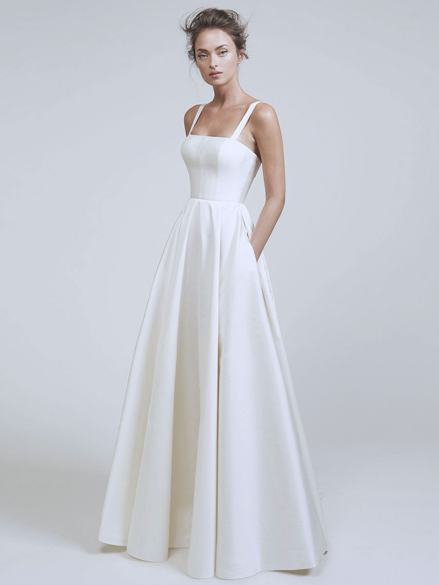 Satin Square Neck Wide Strap Sleeveless Tiered Floor Length Gown