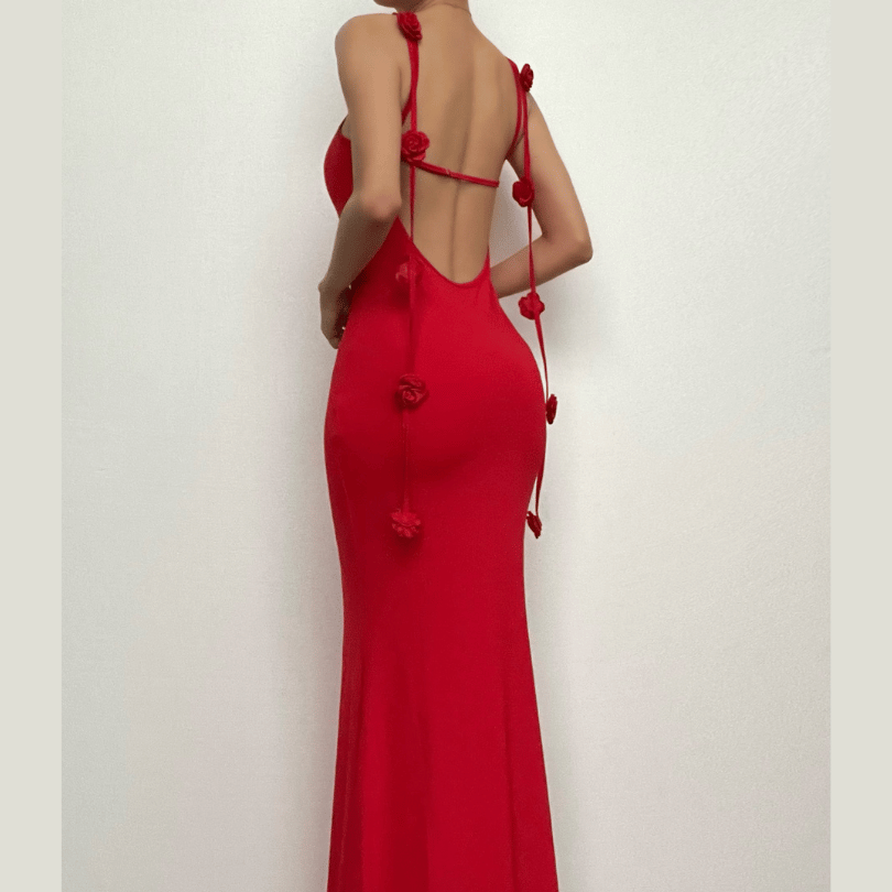 Rosette Applique Tie Strap Backless Cami Mermaid Maxi Dress