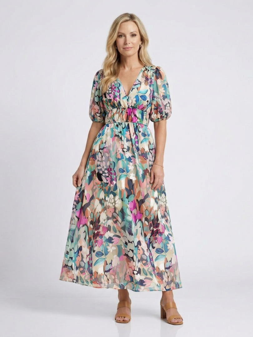 Floral V-Neck Puff Sleeve Gathered Waist Midi Dress