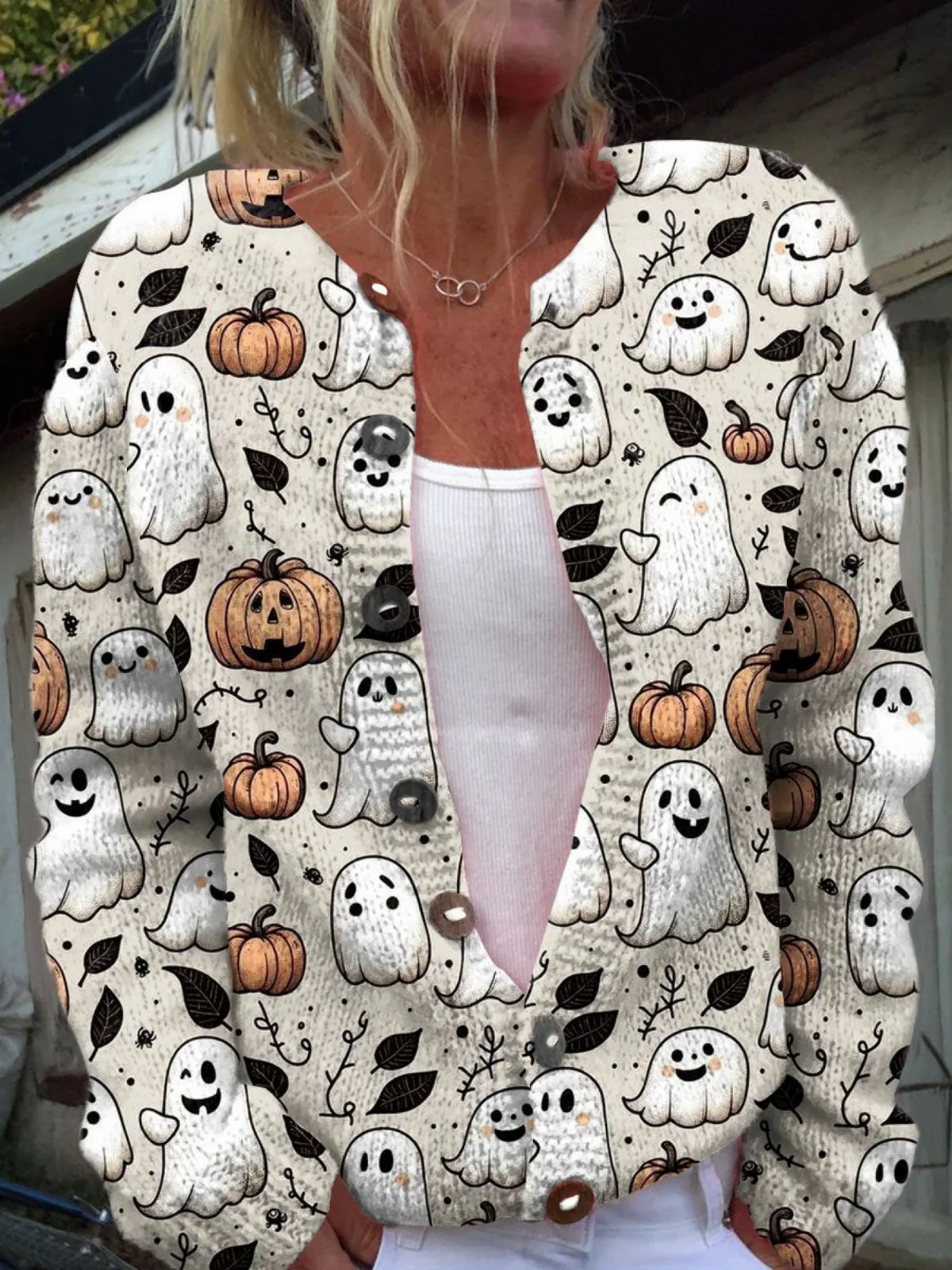 Ghost Pumpkin Print Button Front Cardigan