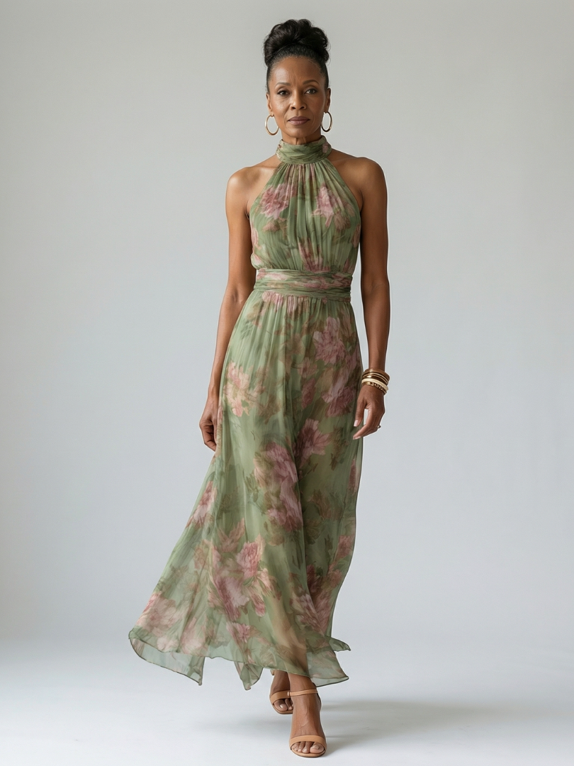 Floral Print Halter Neck Pleated Maxi Dress