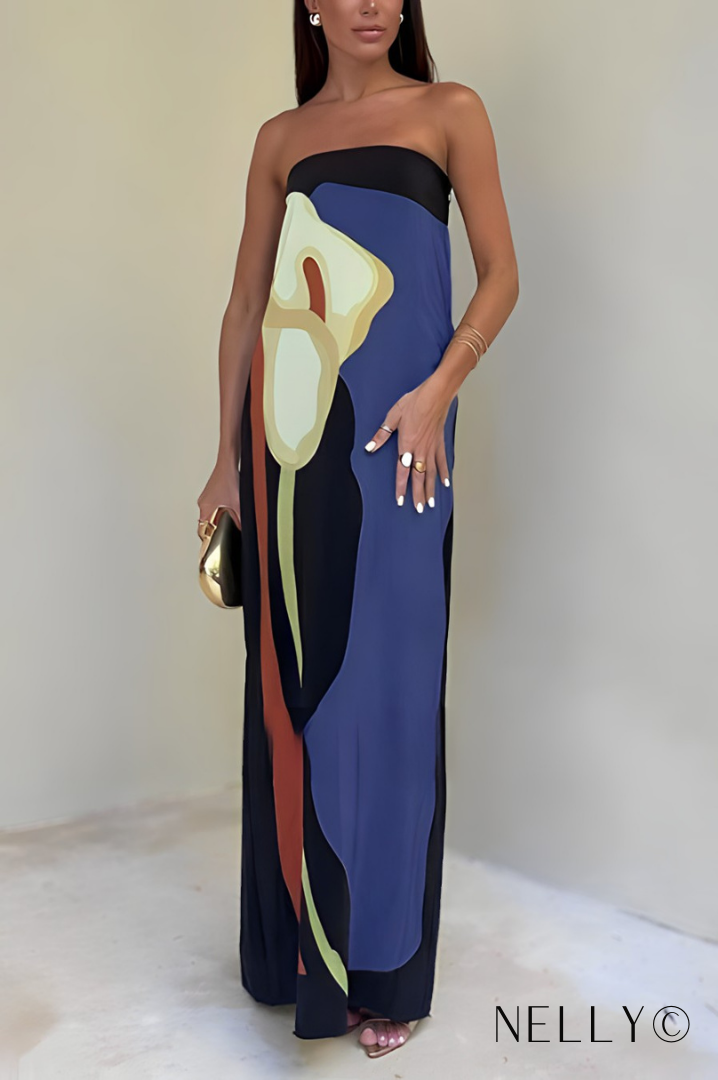 Katia Aesthetic Strapless Color Block Print Maxi Dress Elevated Occasion Wear