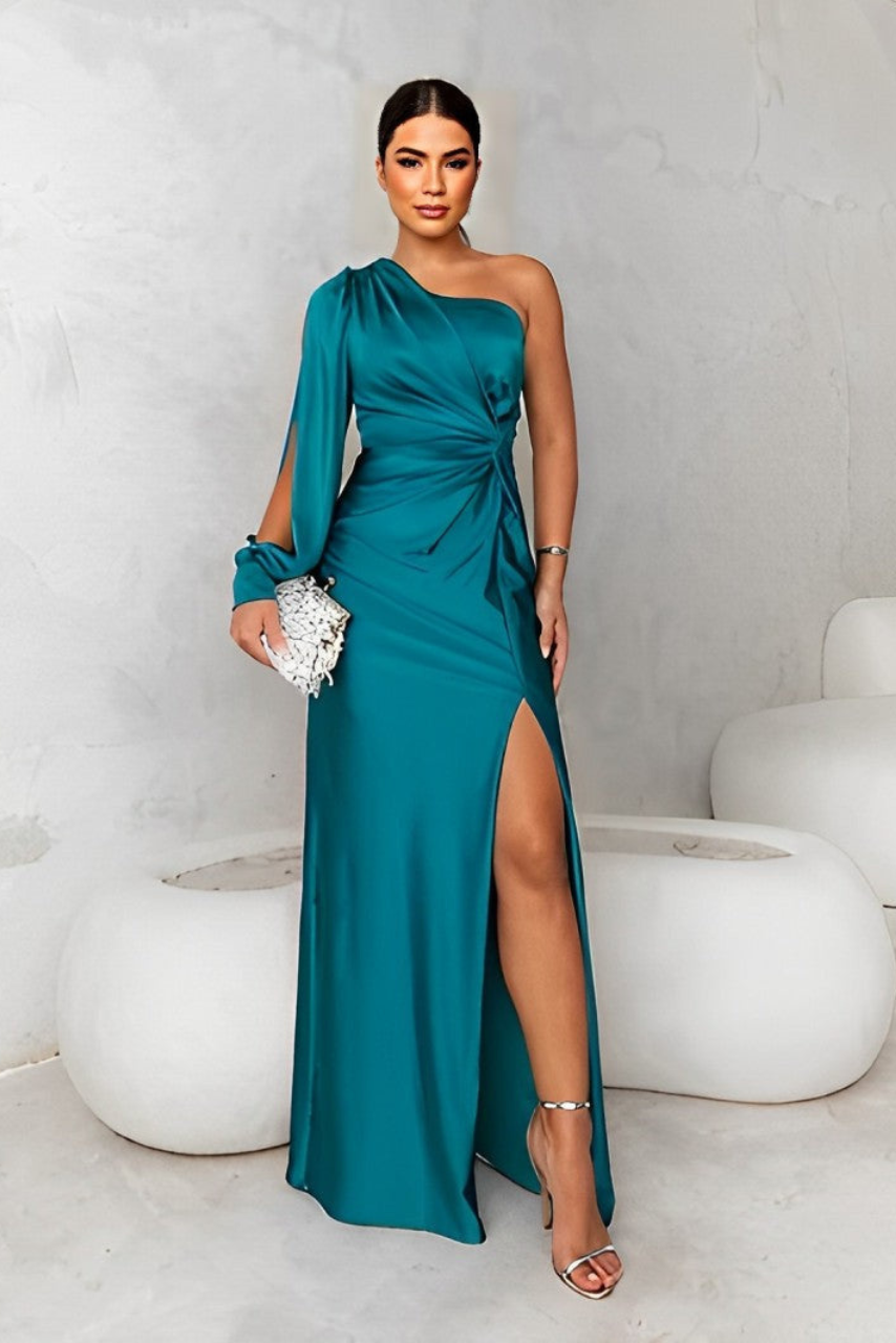 Satin One Shoulder Twist Front High Split Maxi Dress