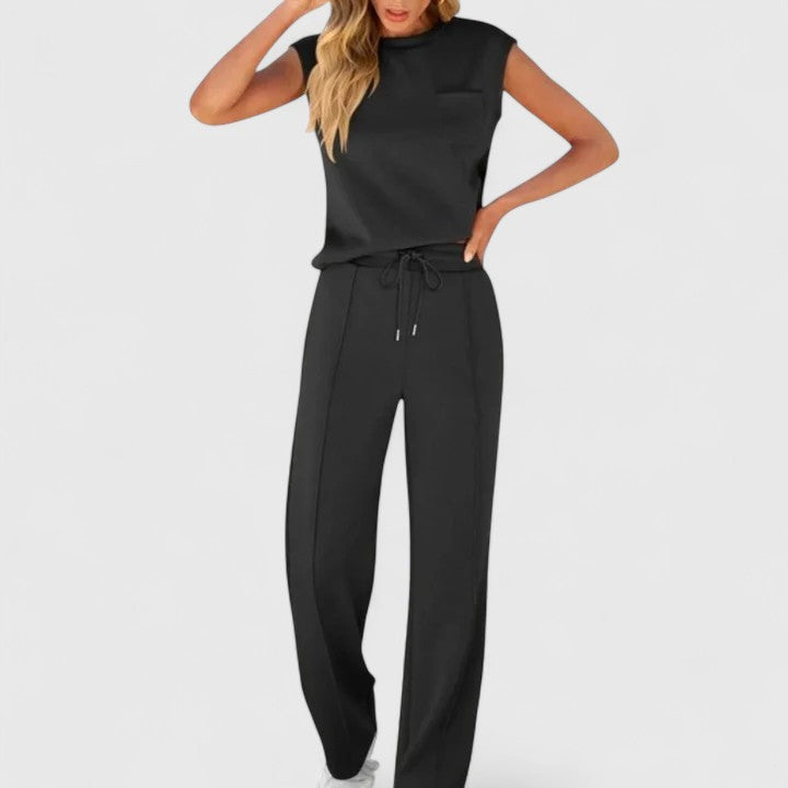 Cap Sleeve Top and Drawstring Wide Leg Pants Two Piece Set