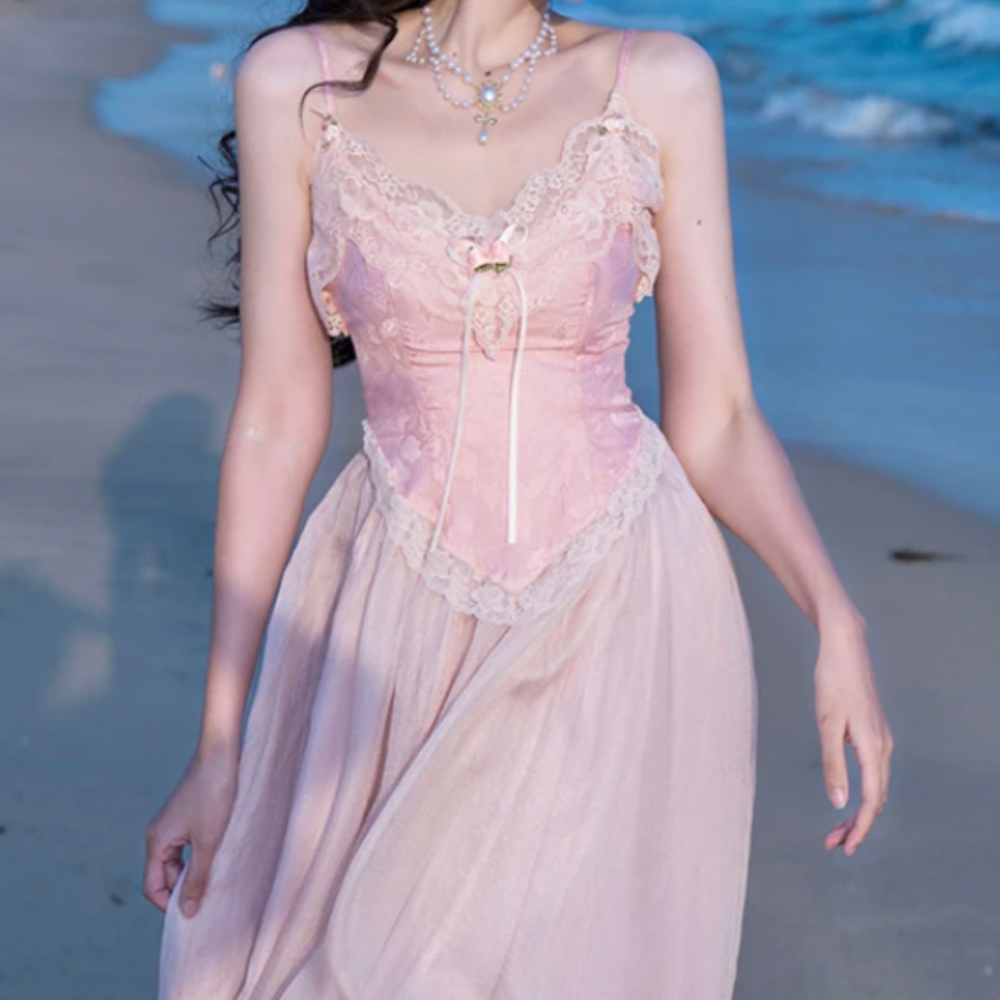 Lace Bustier Spaghetti Strap Tulle Maxi Dress