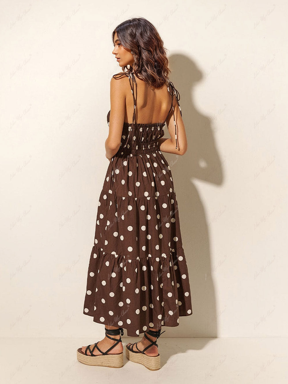 Polka Dot Smocked Bodice Tie Strap Tiered Midi Summer Dress 3