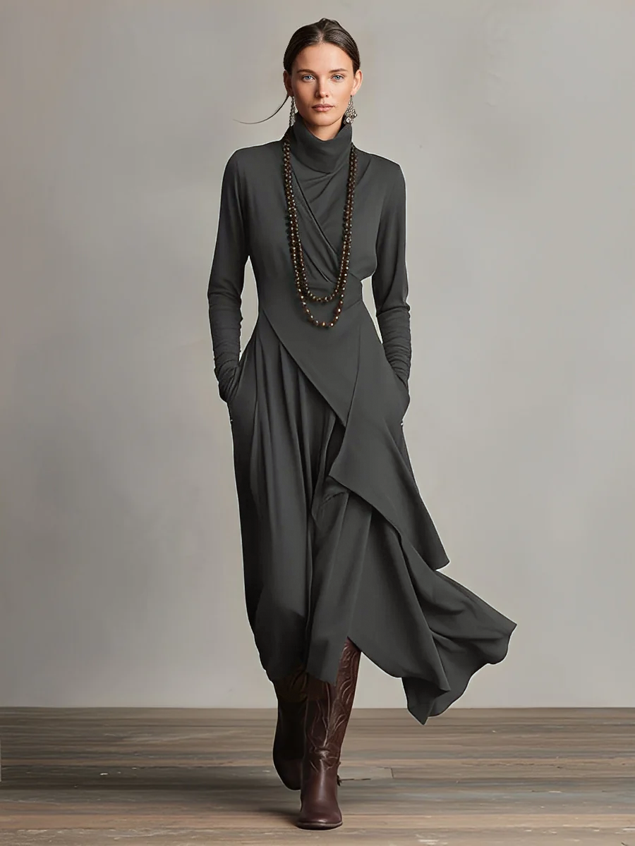 High Neck Long Sleeve Draped Maxi Dress 4