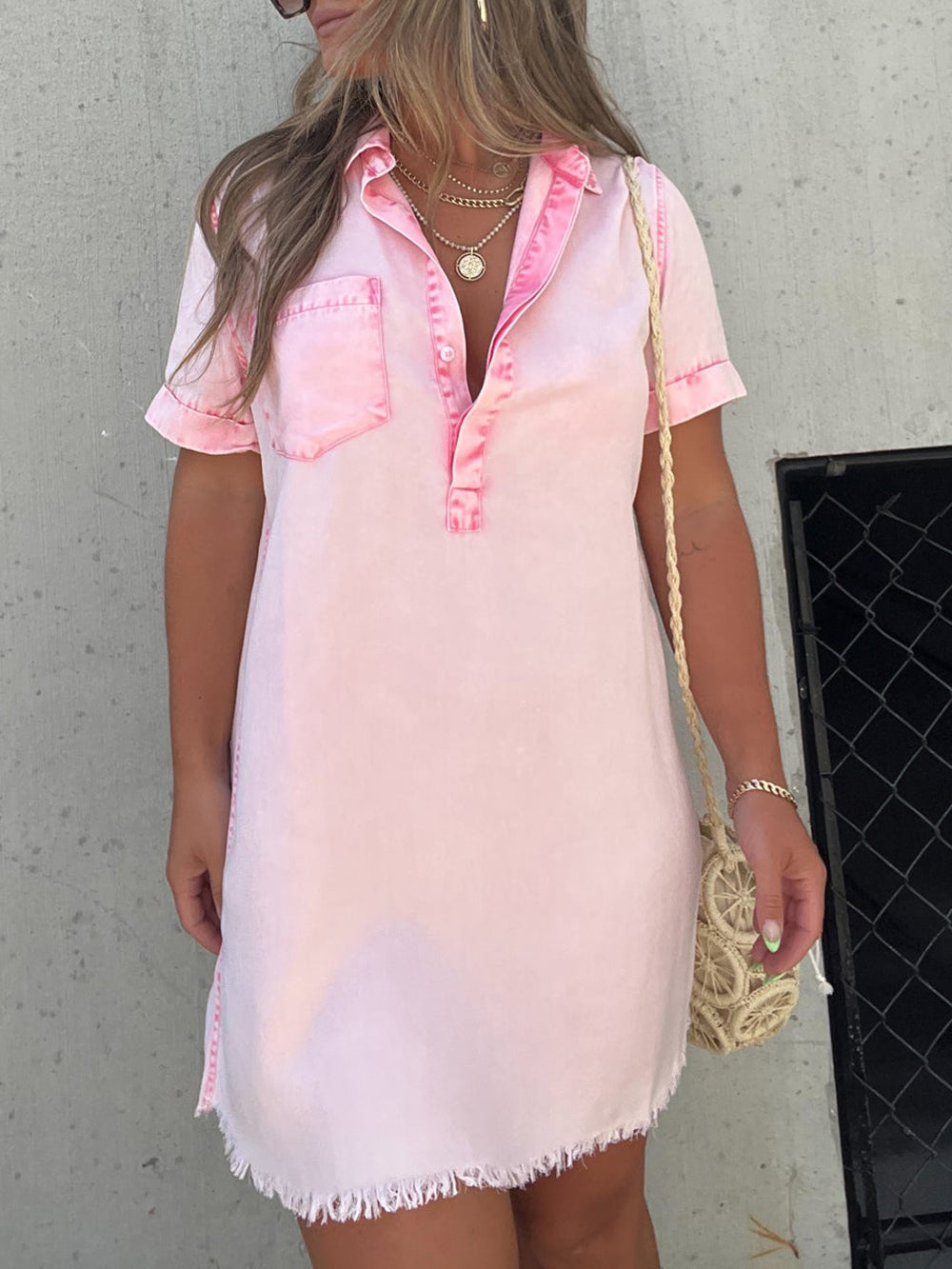 Collared Short Sleeve Button Placket Frayed Hem Mini Dress