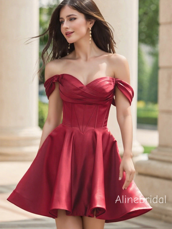Satin Off Shoulder Sweetheart Corset Bodice A-Line Mini Homecoming Dress