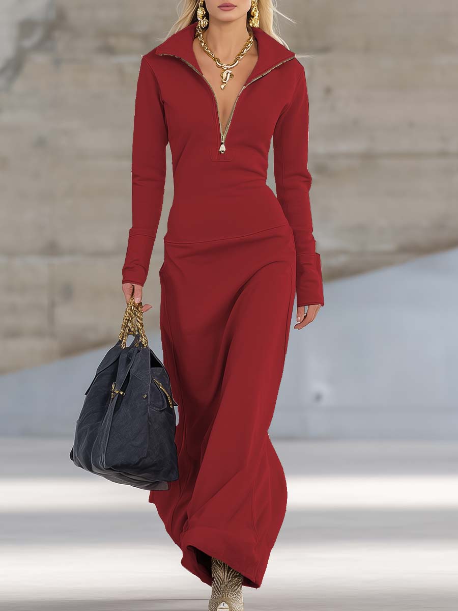 Knit Collared Long Sleeve Zip Front Maxi Dress 3