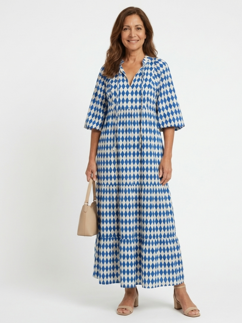 Diamond Print Split Neck Puff Sleeve Tiered Maxi Dress