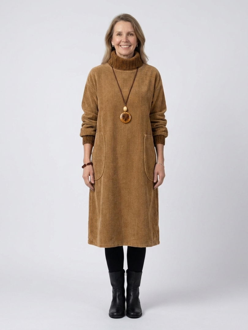 Turtleneck Long Sleeve Corduroy Pocket Midi Dress