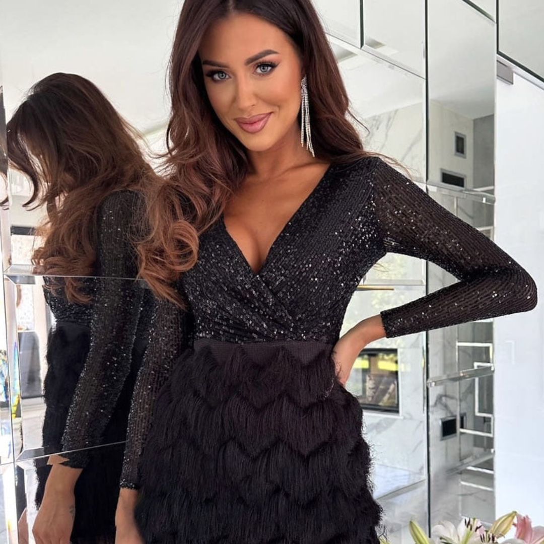 Sequin Deep V-Neck Wrap Long Sleeve Textured Skirt Mini Dress