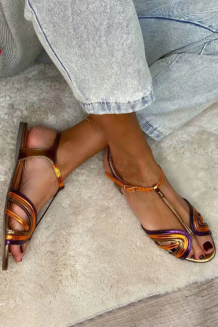 T Strap Metallic Flat Sandals