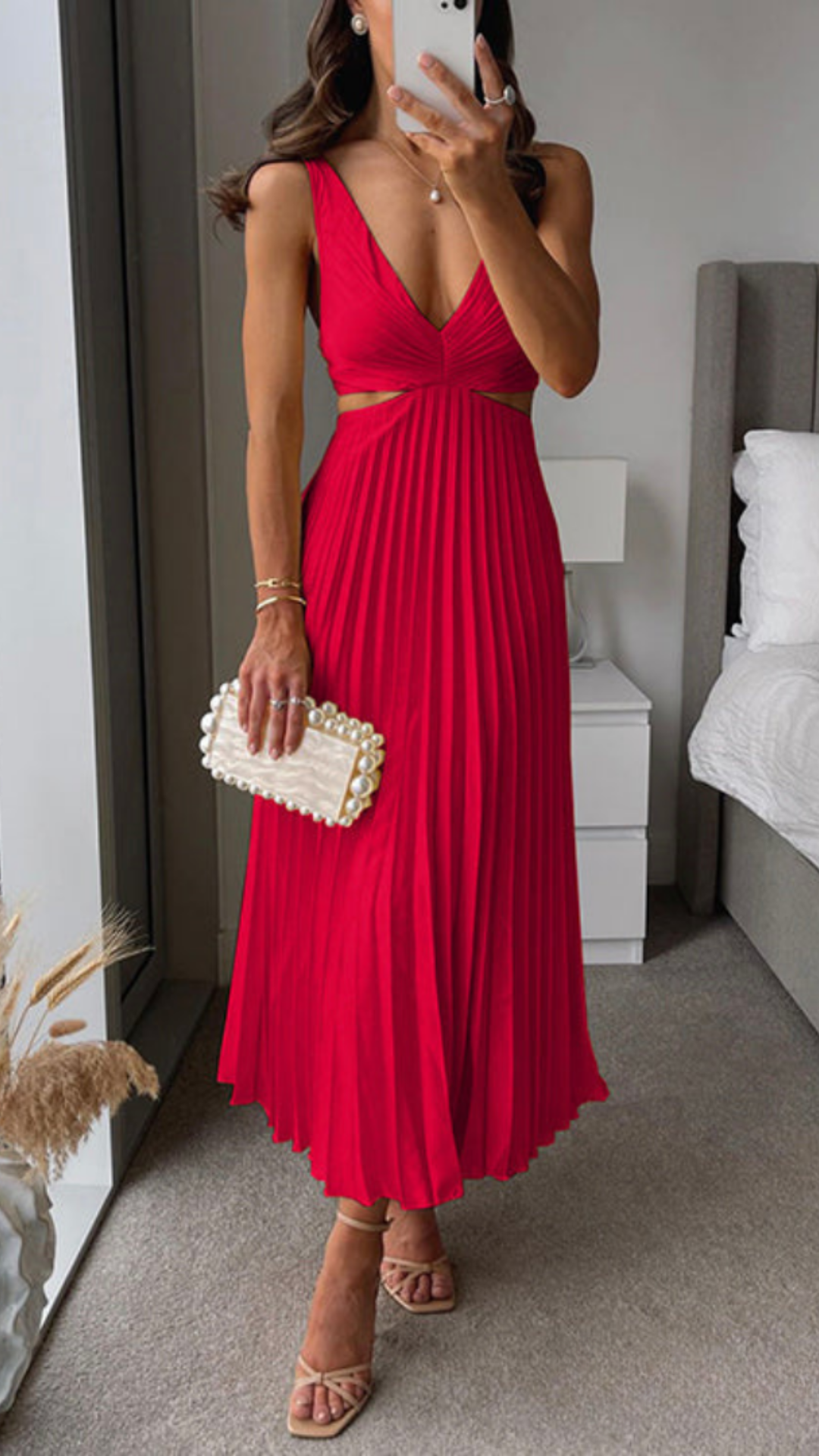 Beatriz Minimalist Pleated Long Dress with a Cut Out Waist Statement Occasion Edit