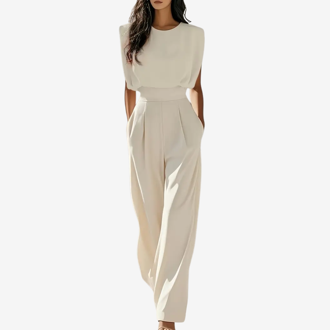 Round Neck Sleeveless Padded Shoulder Wide Leg Jumpsuit