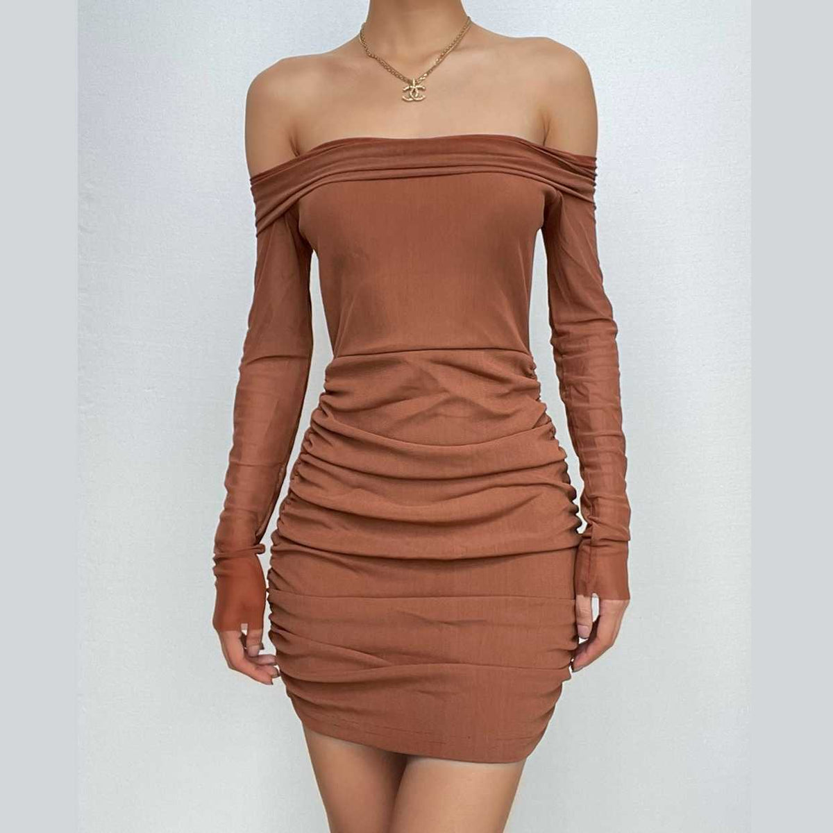Mesh off shoulder solid long sleeve ruched mini dress - View 3