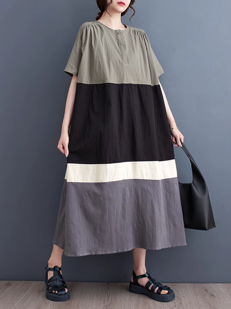 Colorblock Button Front Oversized Short Sleeve Midi Dress