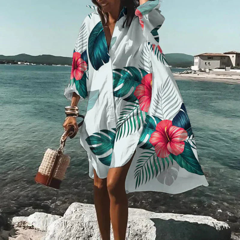 Tropical Floral Print Button Down Collar Long Sleeve Oversized Mini Shirt Dress
