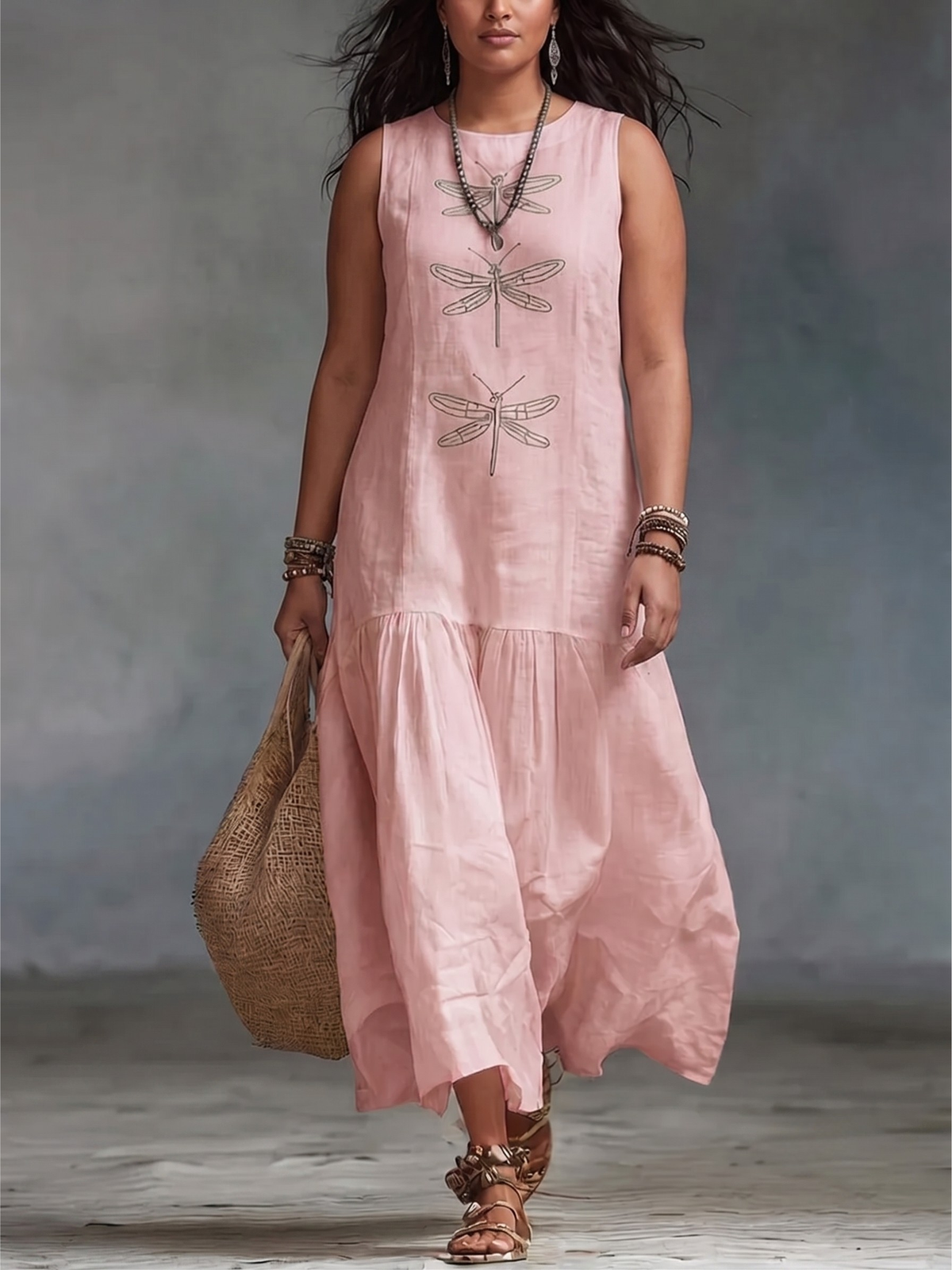 Dragonfly Print Crew Neck Sleeveless Tiered Maxi Dress
