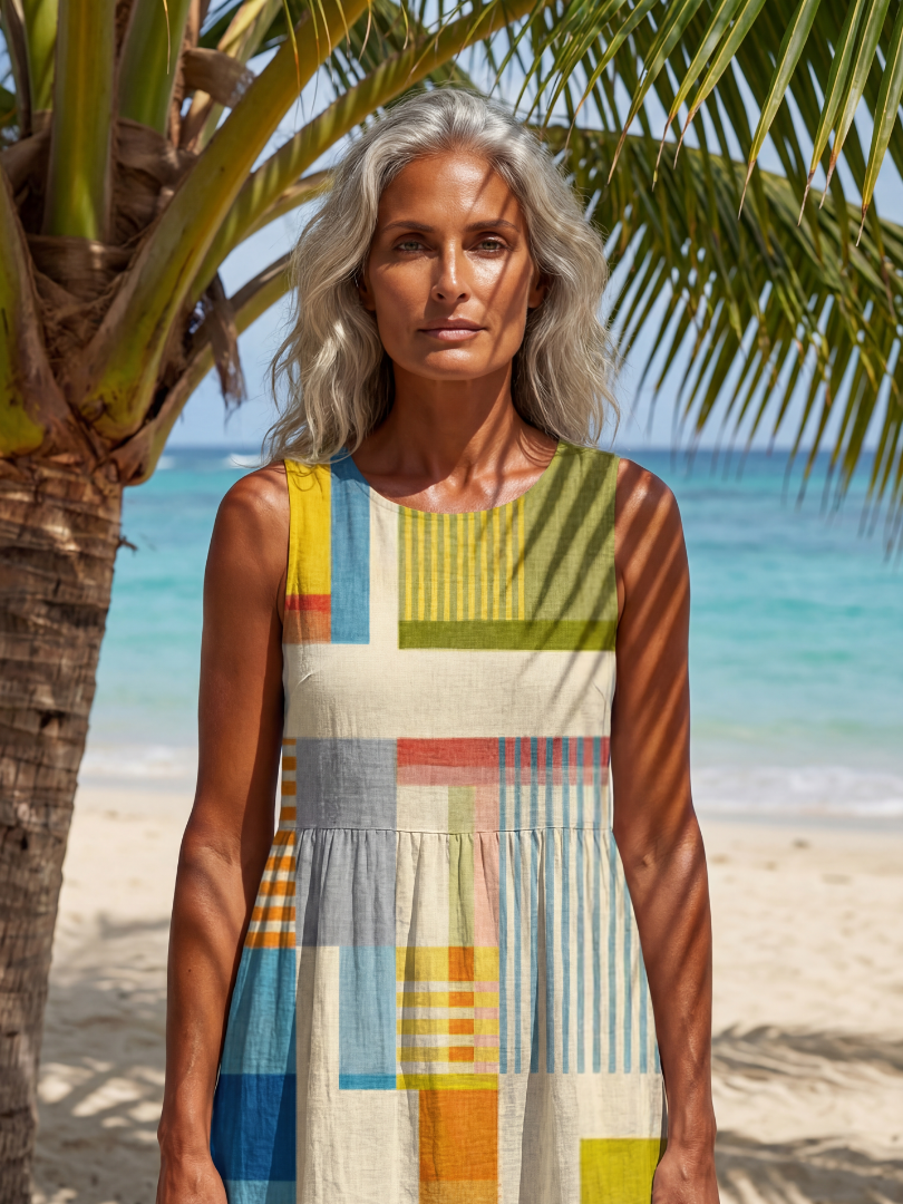 Patchwork Stripe Sleeveless Tiered Midi Dress