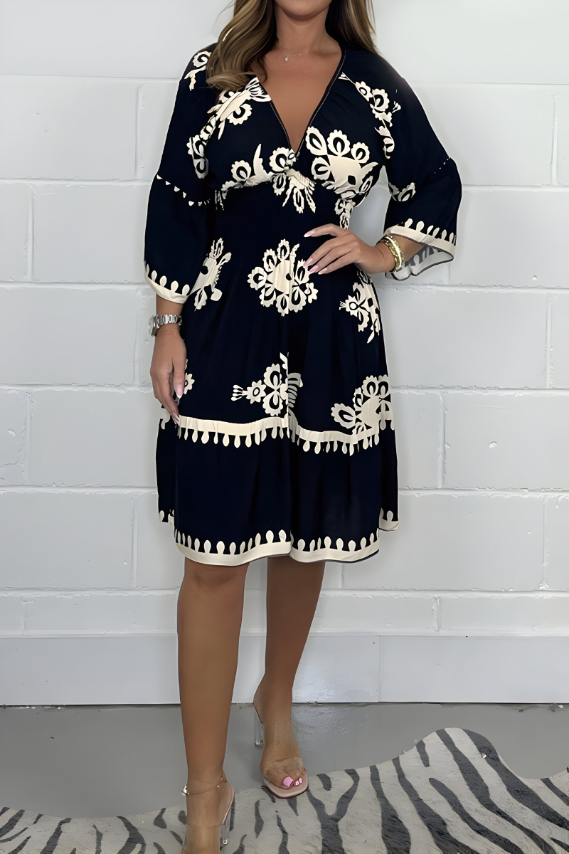Folk Floral Print V-Neck Three Quarter Sleeve Tiered Midi Dress
