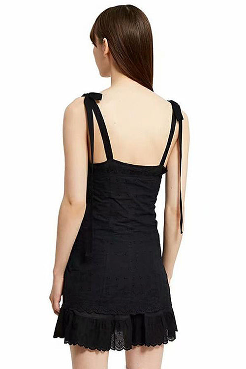 Tie Shoulder Eyelet Lace Up Corset Ruffle Hem Bodycon Mini Dress
