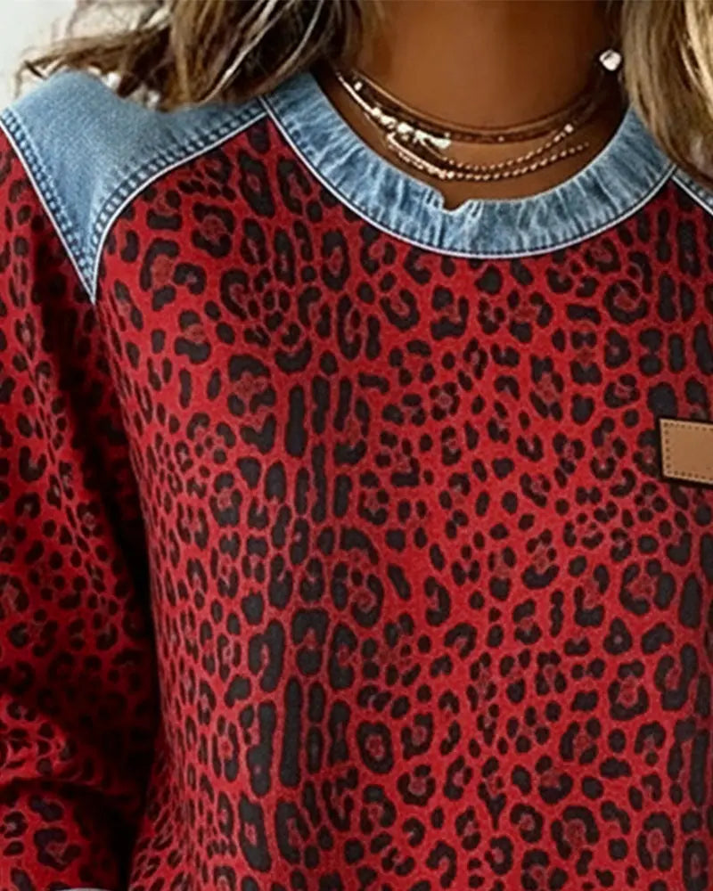 Leopard Print Denim Look Contrast Crew Neck Sweatshirt