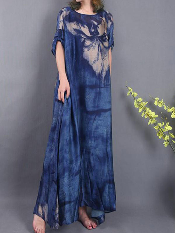 Abstract Print Oversized Round Neck Short Sleeve A-Line Maxi Dress