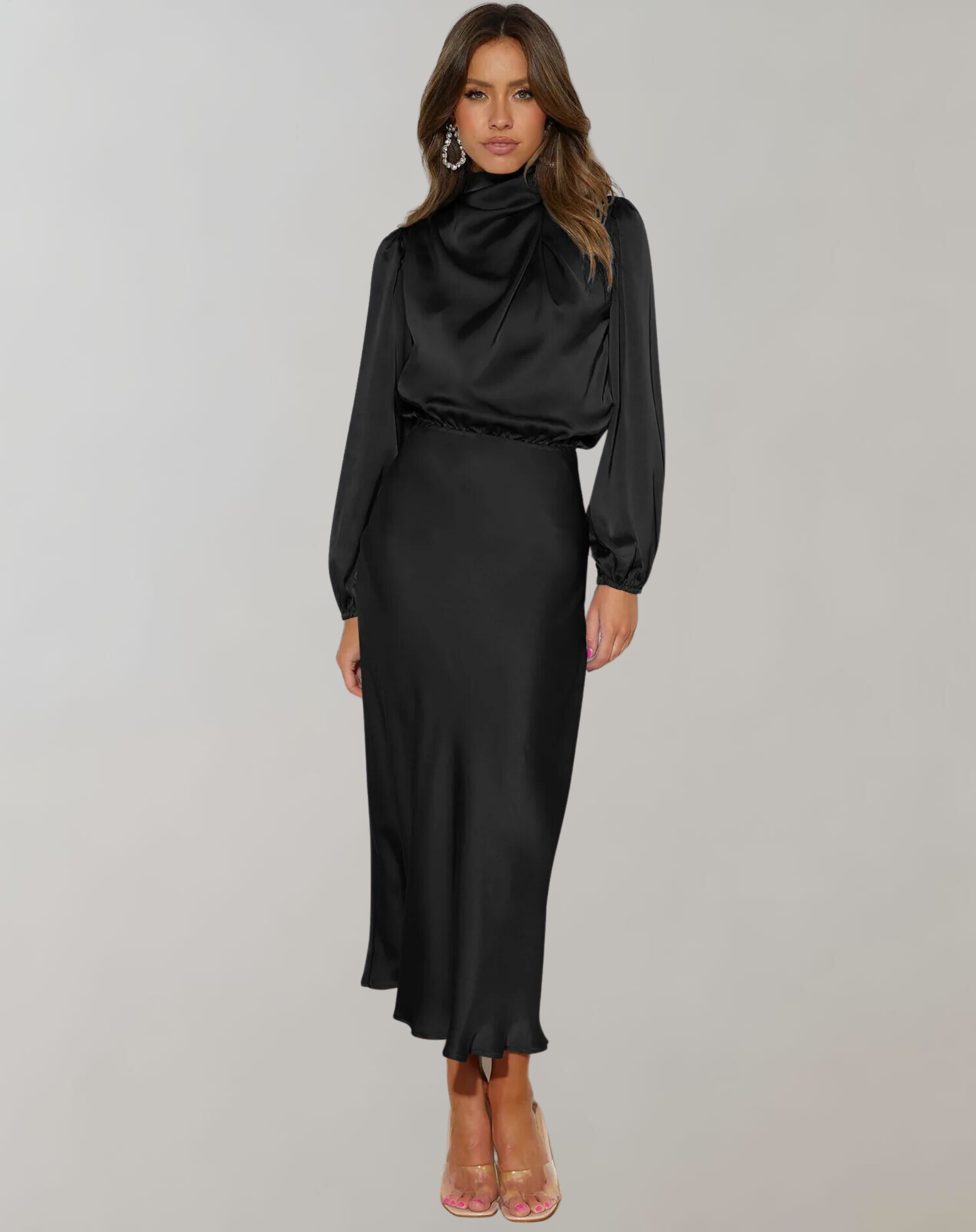 Satin Mock Neck Draped Bishop Sleeve Elastic Waist Midi Dress