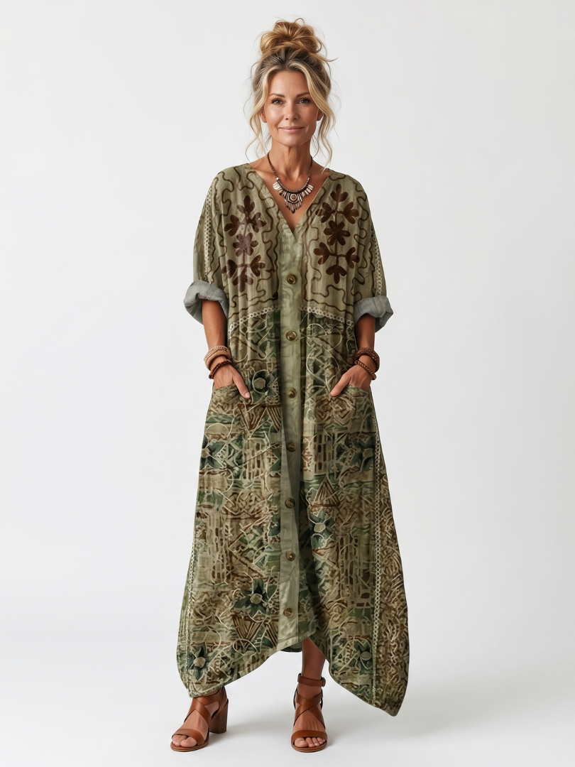 Aztec Print V-Neck Button Front Pocket Maxi Dress