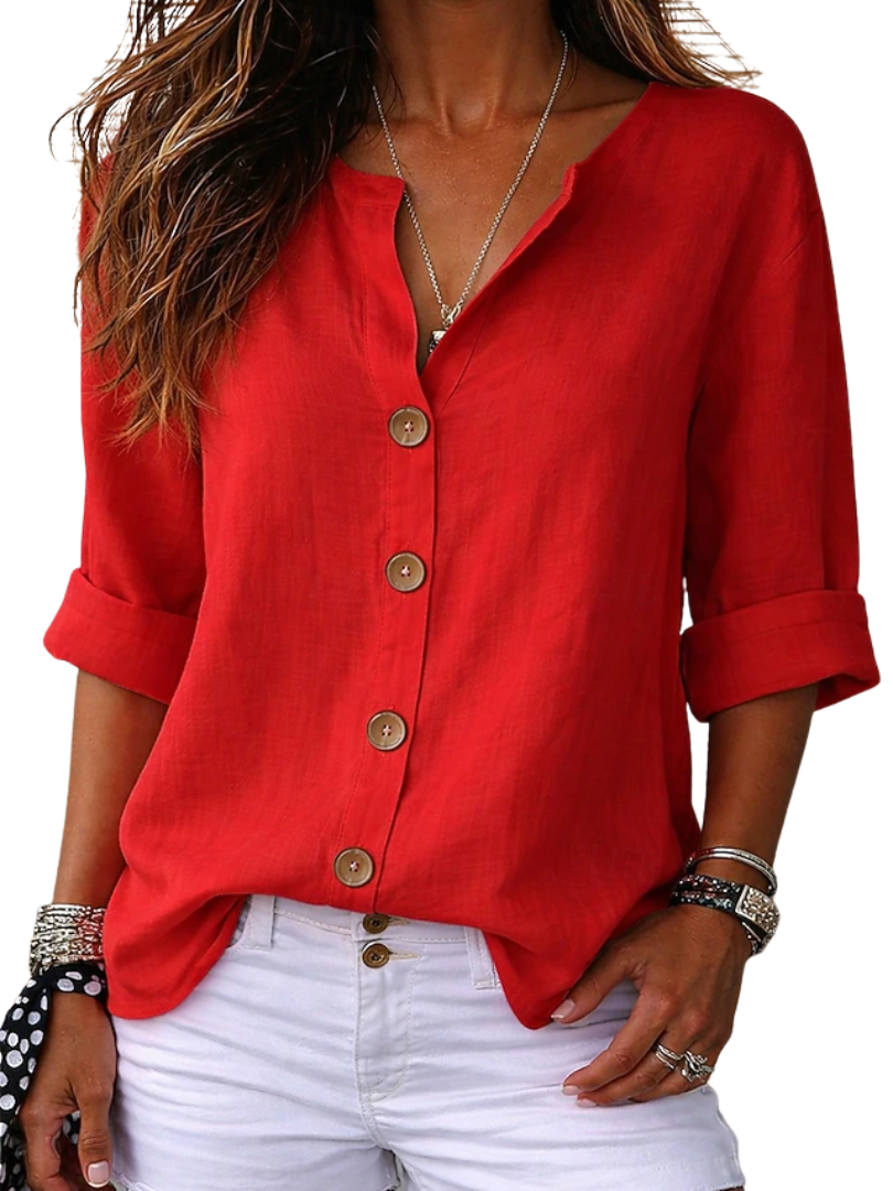 V-Neck Roll Sleeve Button Front Linen Look Shirt