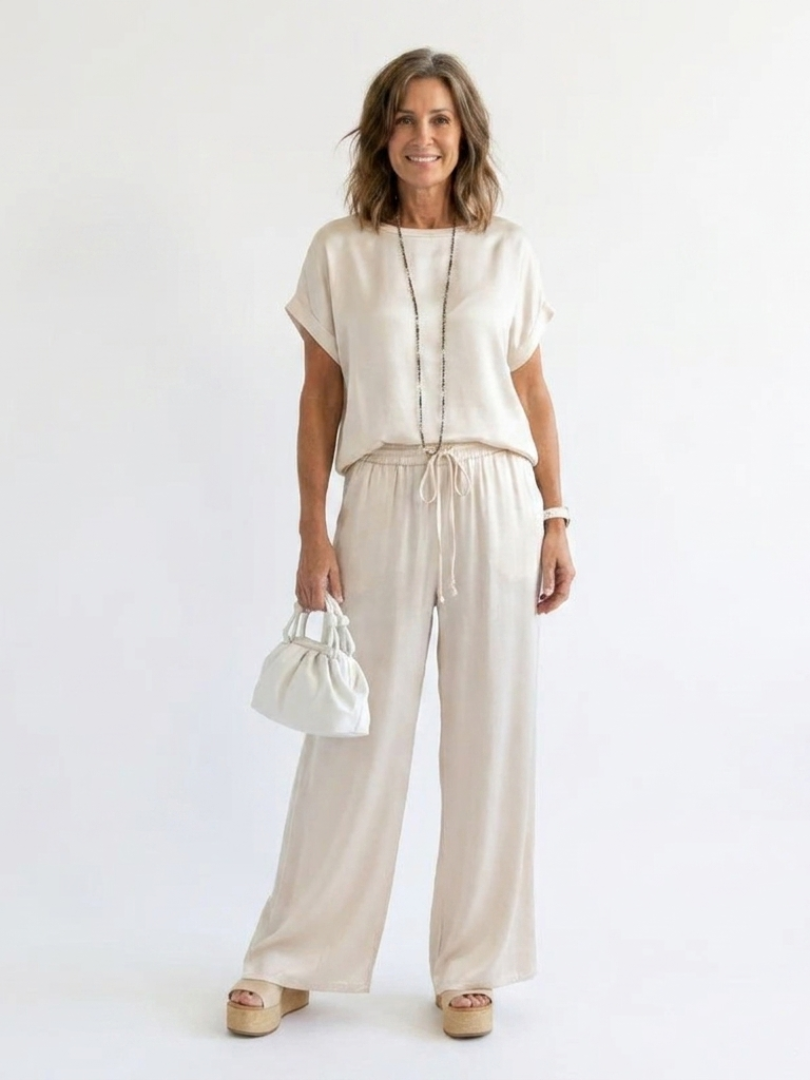 Short Sleeve Boxy Top and Drawstring Wide Leg Pants Two Piece Set