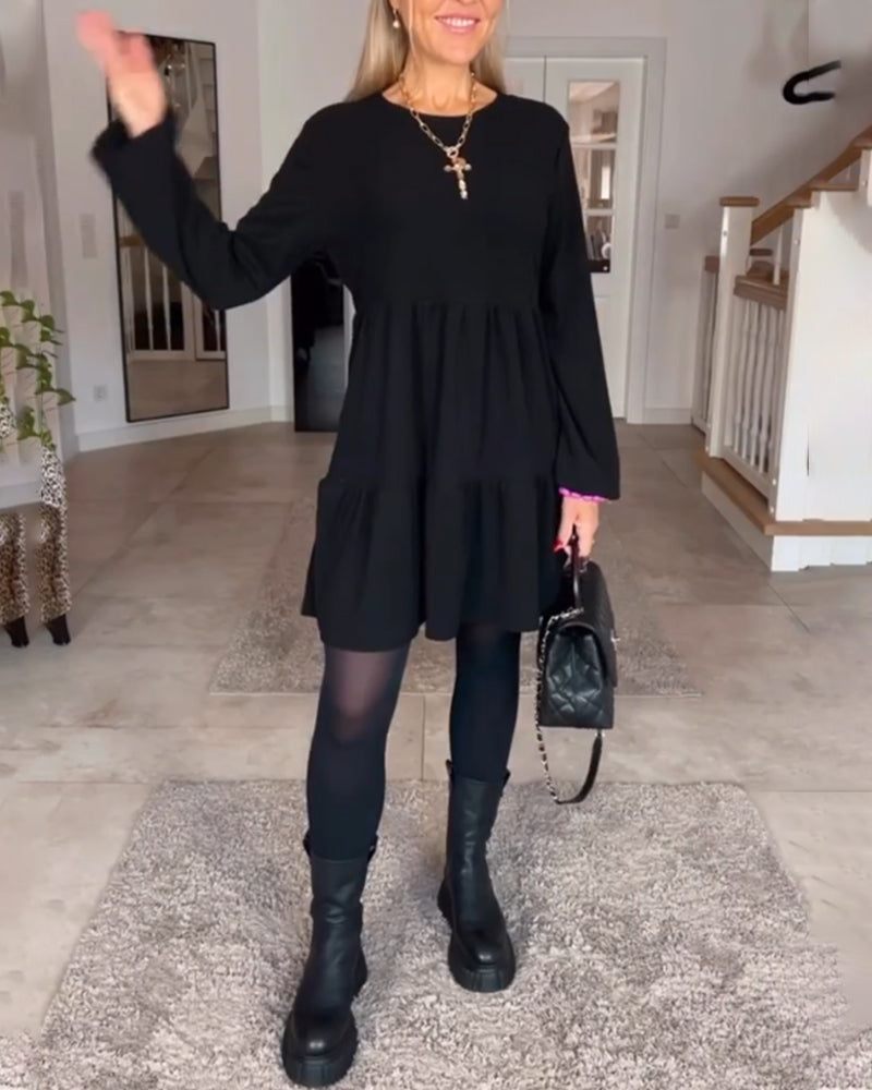 Long Sleeve Crew Neck Tiered Smock Babydoll Mini Dress