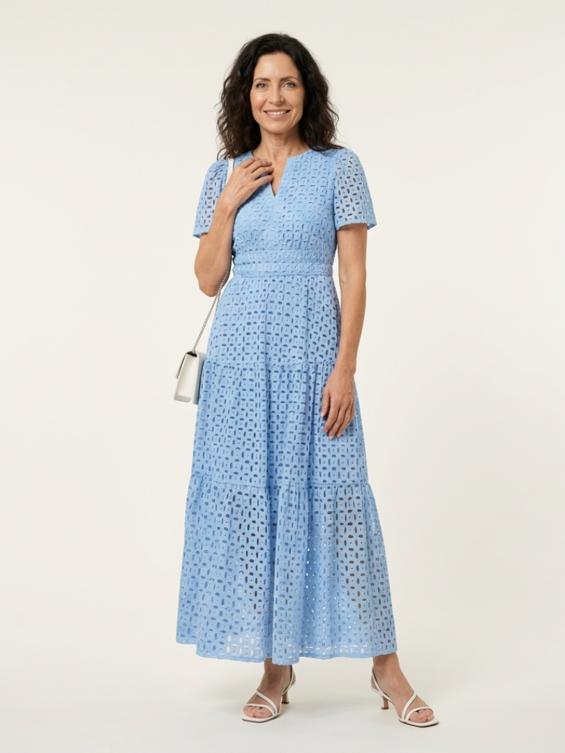 Eyelet Lace V-Neck Short Sleeve Tiered Maxi Dress