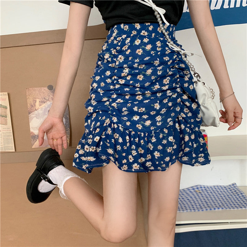 Flowers Pattern Folds Sexy Mini Skirts