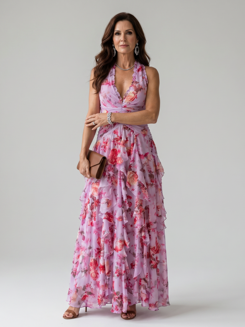 Halter Neck Deep V-Neck Ruffle Floral Maxi Dress