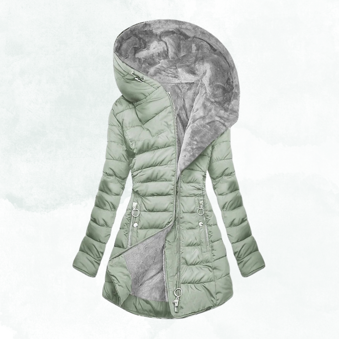 Hooded Fleece Lined Zip Front Longline Puffer Jacket