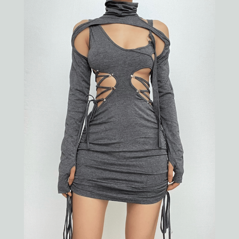 Turtleneck Shrug Cut Out Lace Up Side Drawstring Ruched Mini Dress