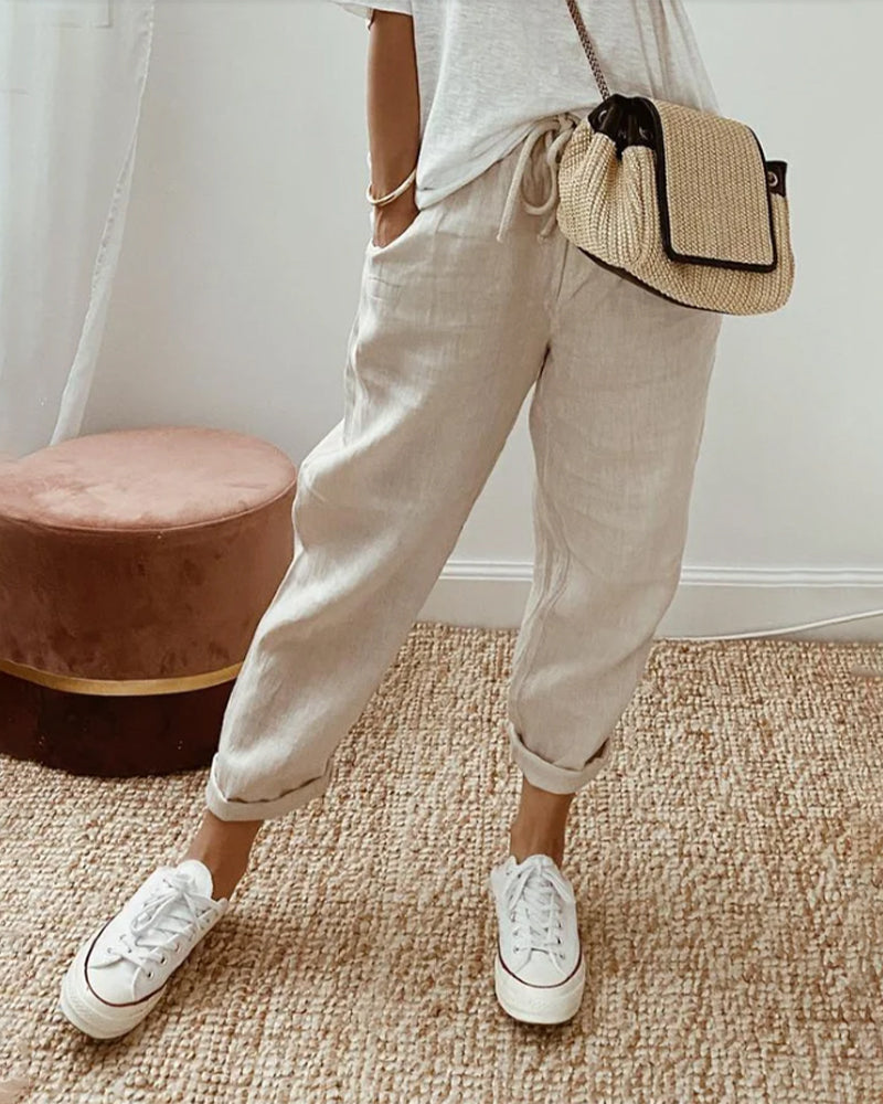High Waist Drawstring Tapered Leg Linen Look Pants