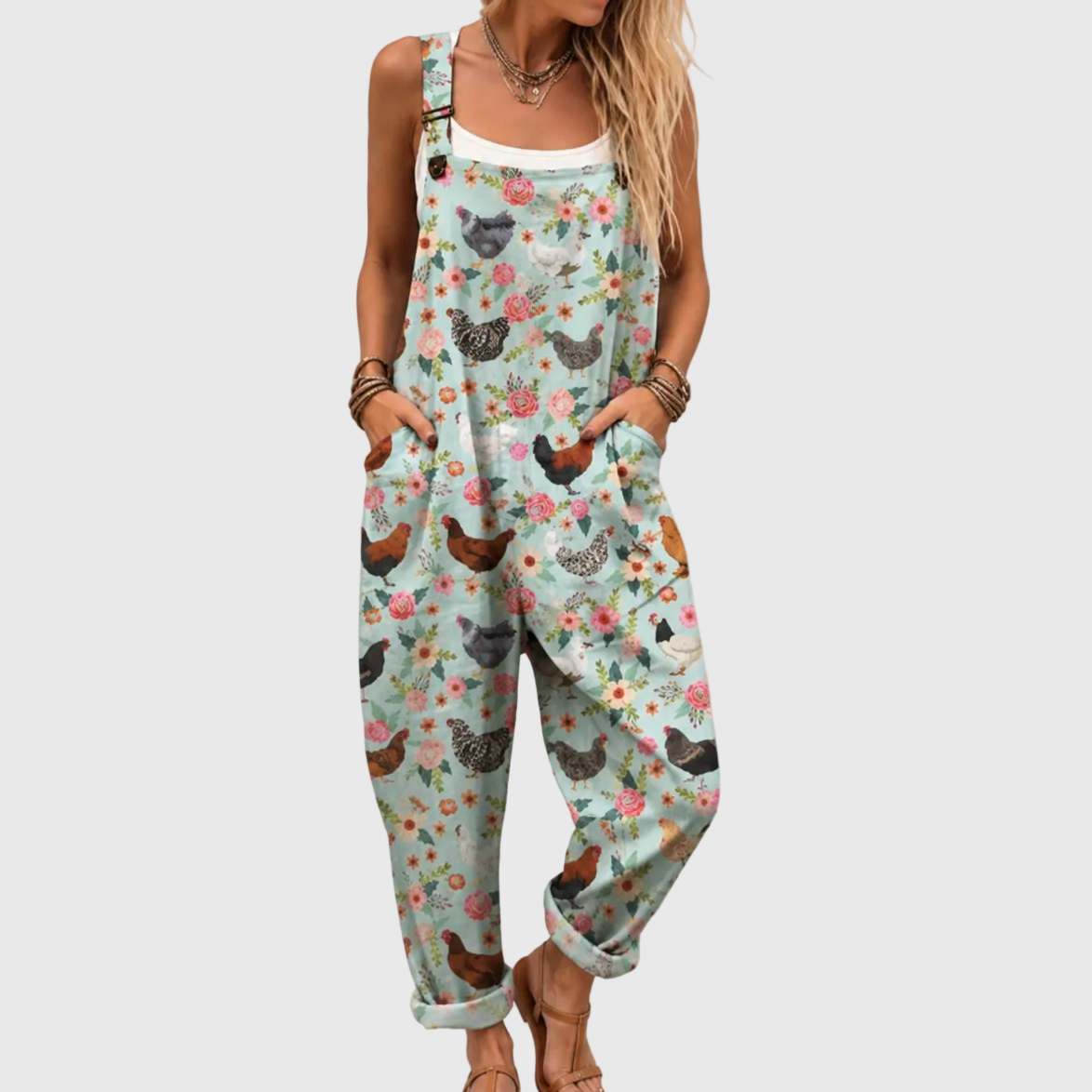 Chicken Floral Print Pocket Overall Jumpsuit