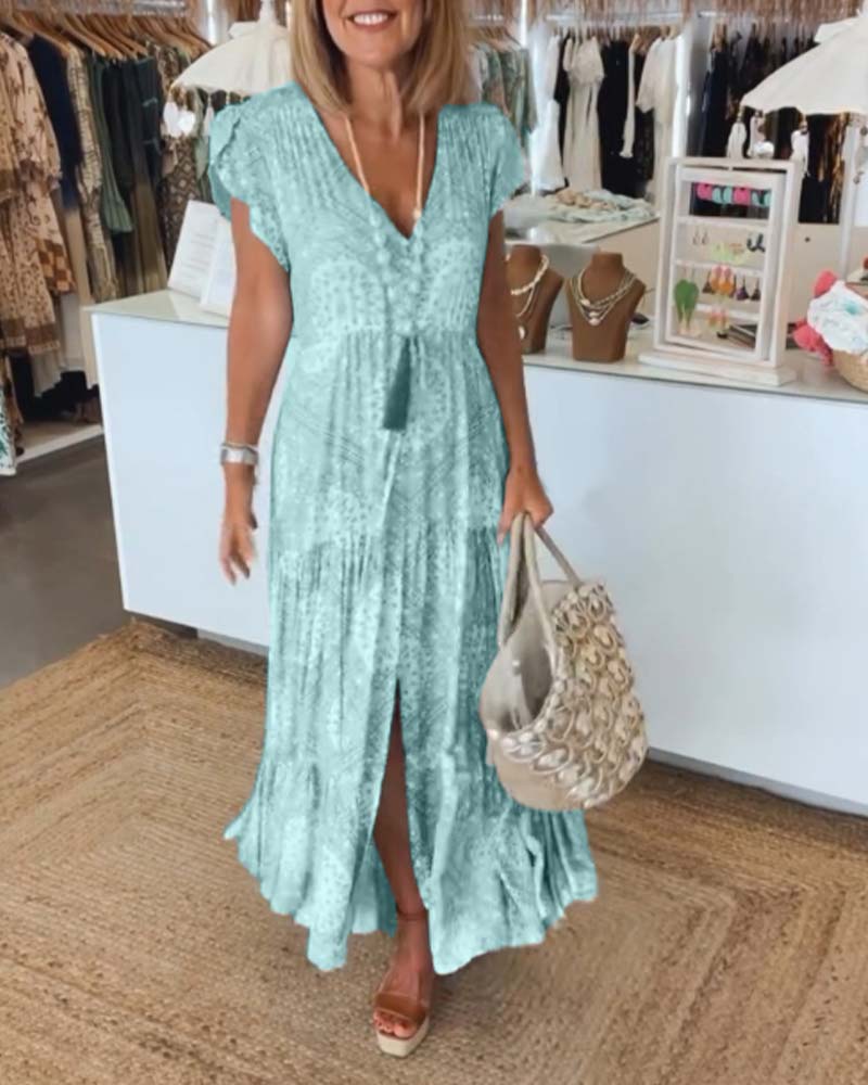 V-Neck Flutter Sleeve Buttoned Tiered Boho Maxi Dress