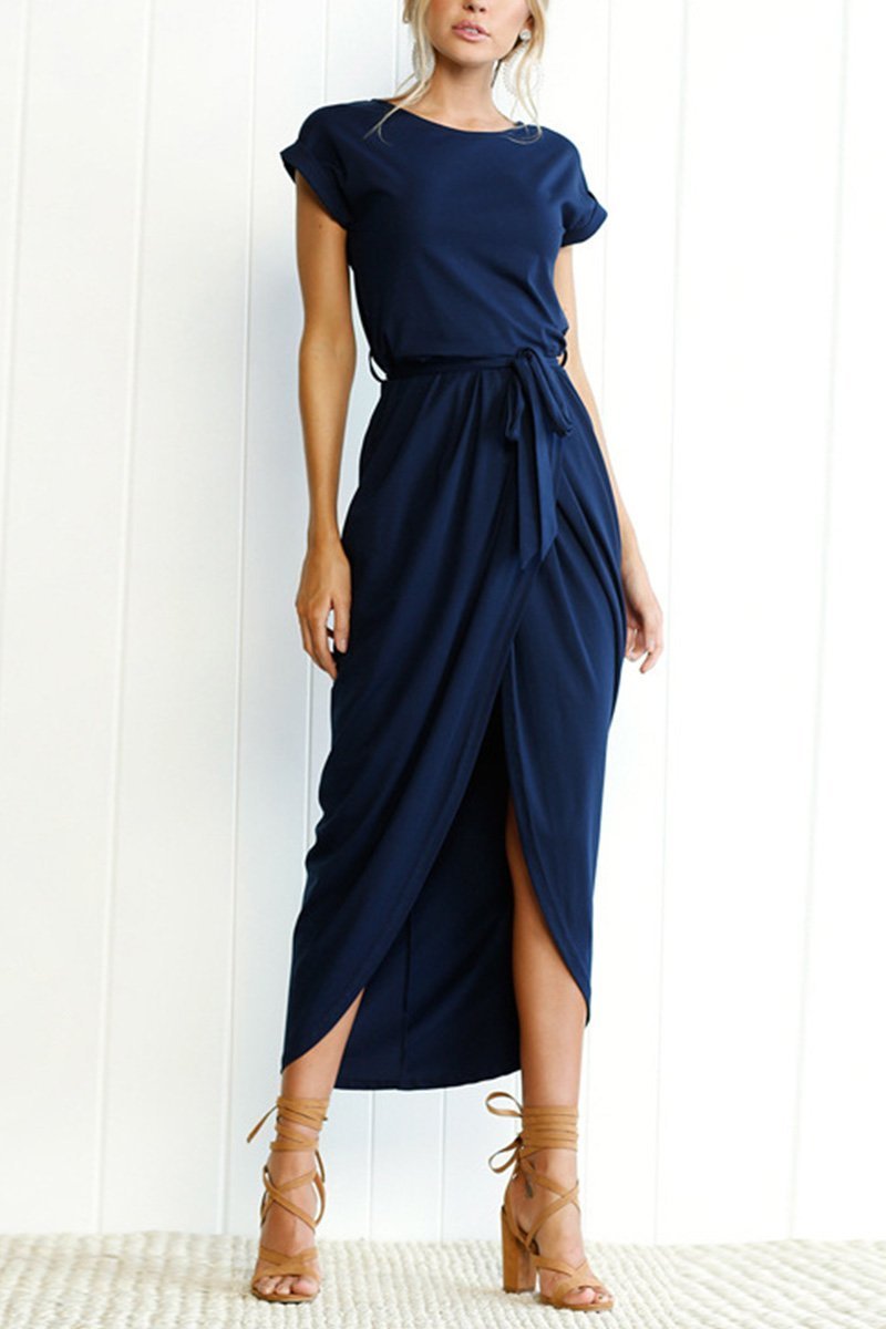 Short Sleeve Tie Waist Wrap Tulip Hem Midi Dress
