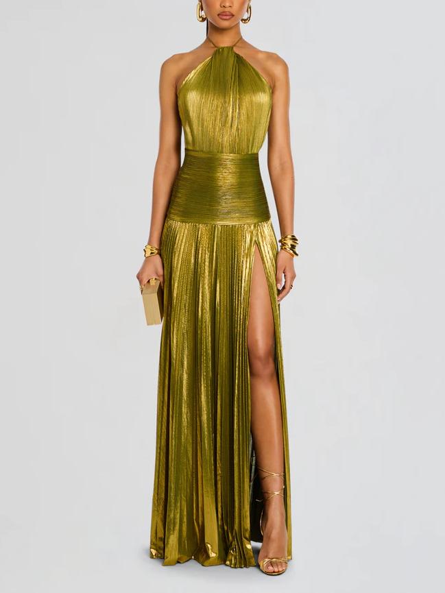Metallic Halter Neck Wrap Ruched Waist Pleated High Split Maxi Gown
